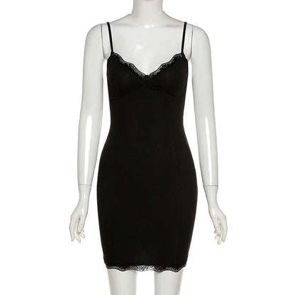 Tendencias de verano Ropa de mujer Vestido ajustado con borde de encaje y tirantes finos