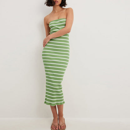 Vestido de vacaciones francés elegante vestido largo de punto verano rayas costura sexy vestido sin tirantes vestido largo