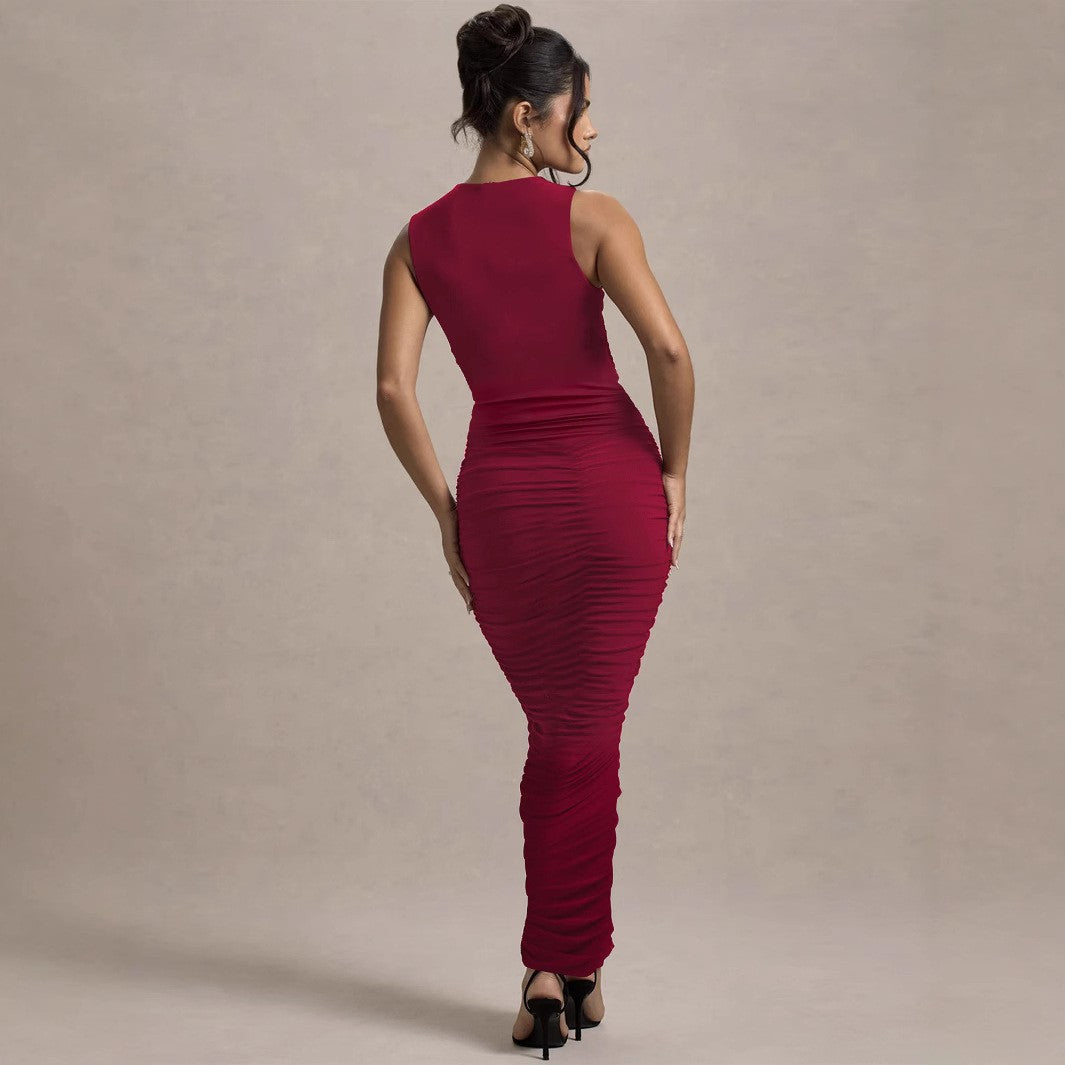 Vestido tubo elegante de cuello redondo sin mangas ajustado plisado para mujer Otoño Invierno