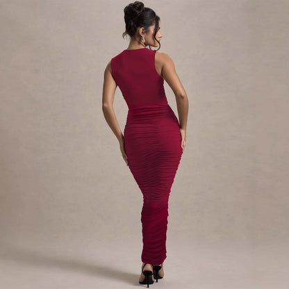Vestido tubo elegante de cuello redondo sin mangas ajustado plisado para mujer Otoño Invierno
