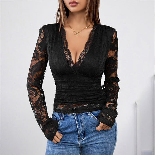 Women Clothing Lace Black Sexy Long Sleeved Top