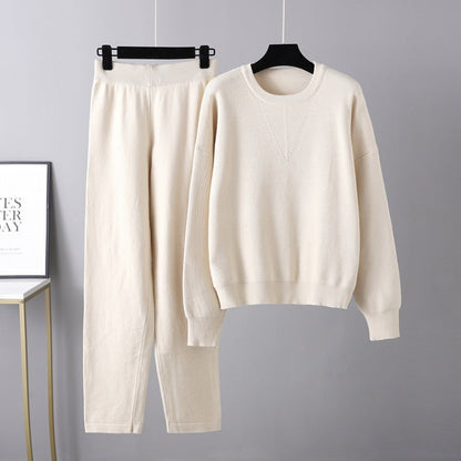 Conjunto de dos piezas de suéter holgado e informal para otoño e invierno, traje de punto de color liso para mujer