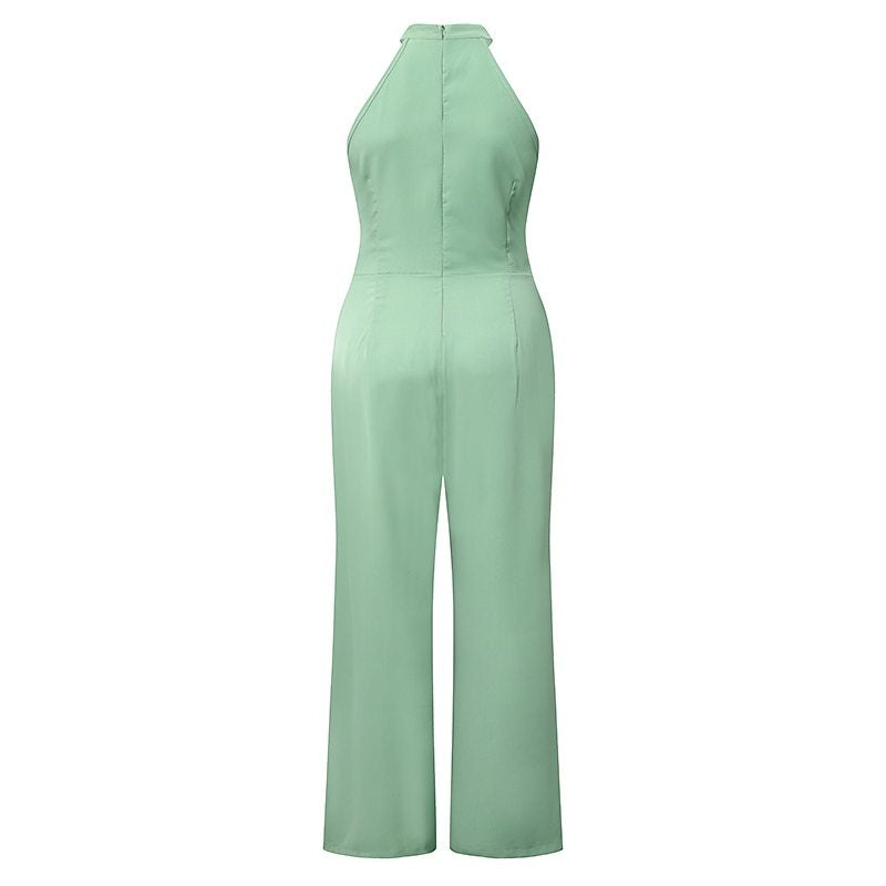 Mono informal de verano de color liso sin mangas con cuello halter y cintura alta con cordones y corte recto