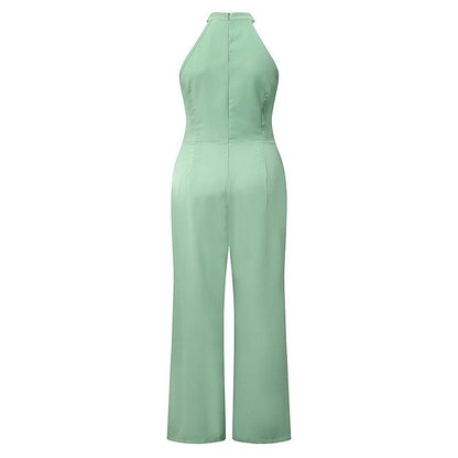 Mono informal de verano de color liso sin mangas con cuello halter y cintura alta con cordones y corte recto