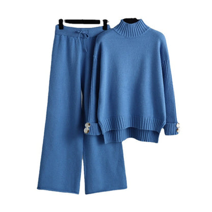 Conjunto de dos piezas de jersey de cuello alto y manga larga para mujer, traje de punto de otoño e invierno, ropa exterior gruesa y holgada.