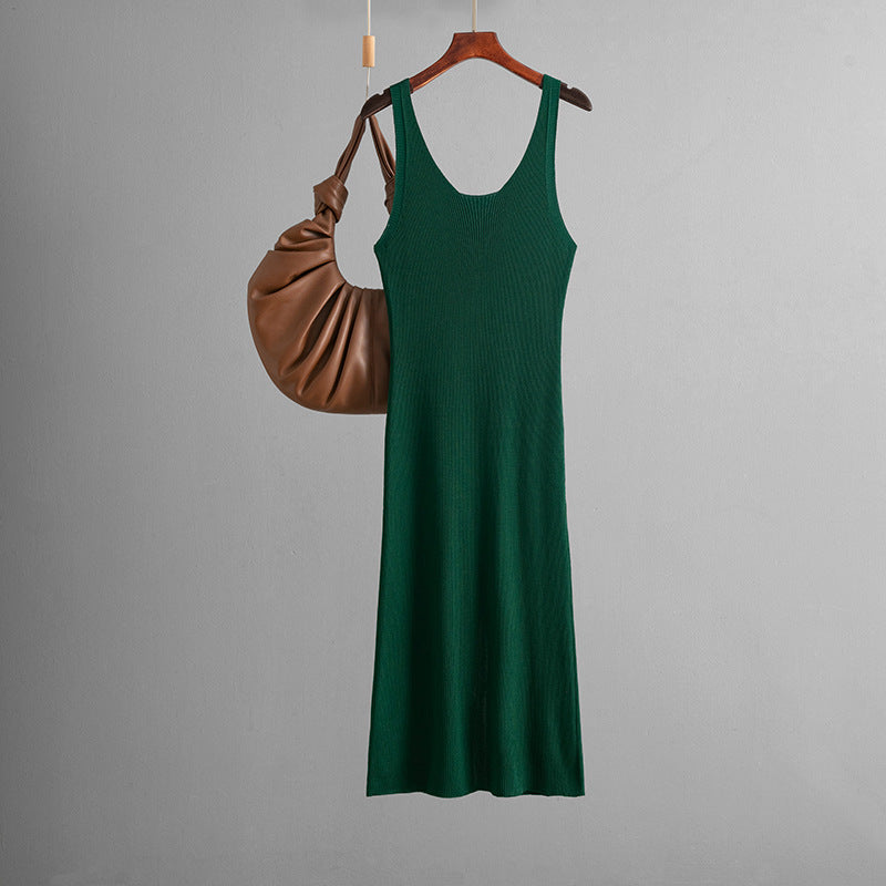 Vestido maxi sexy de punto con tirantes, de verano, de color liso, con abertura en la espalda