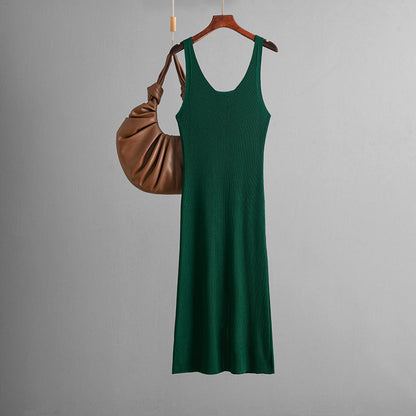 Vestido maxi sexy de punto con tirantes, de verano, de color liso, con abertura en la espalda
