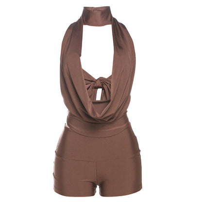 Spring Women Elegant Sexy Swing Collar Lace up Halterneck Vest Solid Color Tight Shorts Set