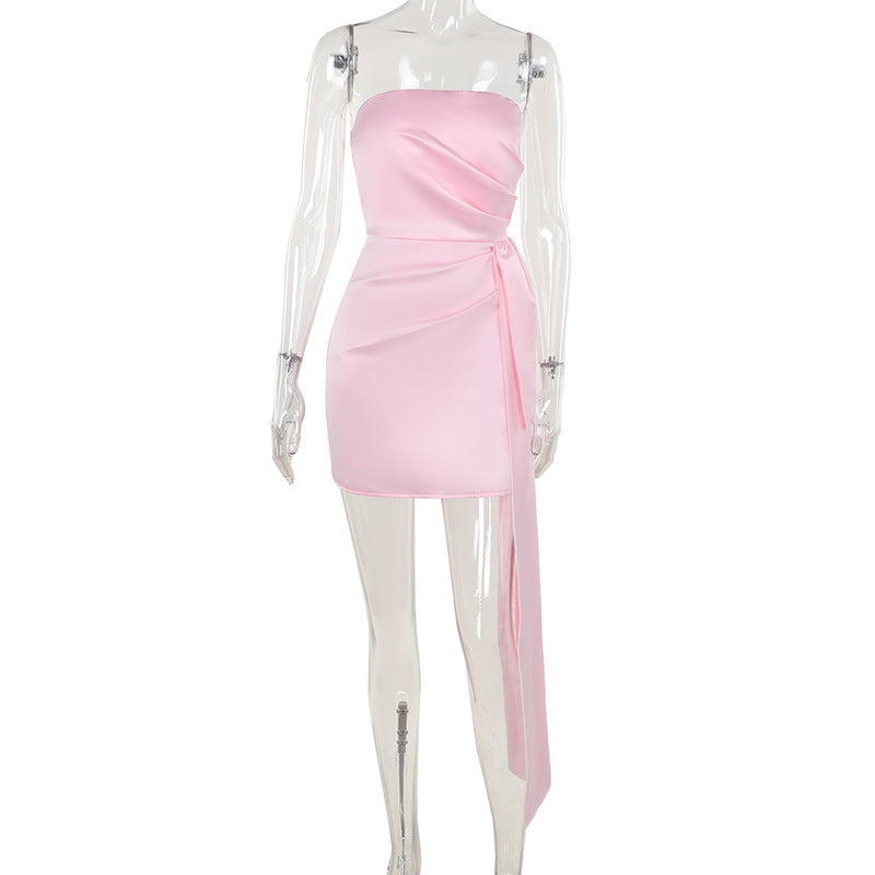 Vestido tubo elegante y sexy de satén ajustado con lazo para mujer de la alta sociedad de otoño
