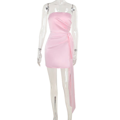 Vestido tubo elegante y sexy de satén ajustado con lazo para mujer de la alta sociedad de otoño