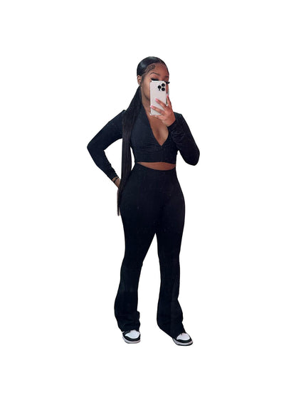 Women Clothing Basic Solid Color Short Top High Waist Bootcut Sports Casual Three Piece Suit Suit