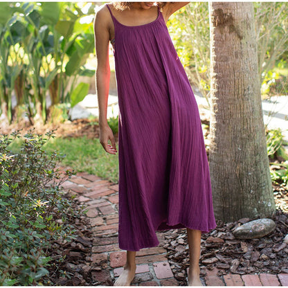 Vestido camisola informal de algodón para mujer, vestido largo de verano para vacaciones, suelto, de color liso, sin espalda, de gasa de doble capa, sin mangas