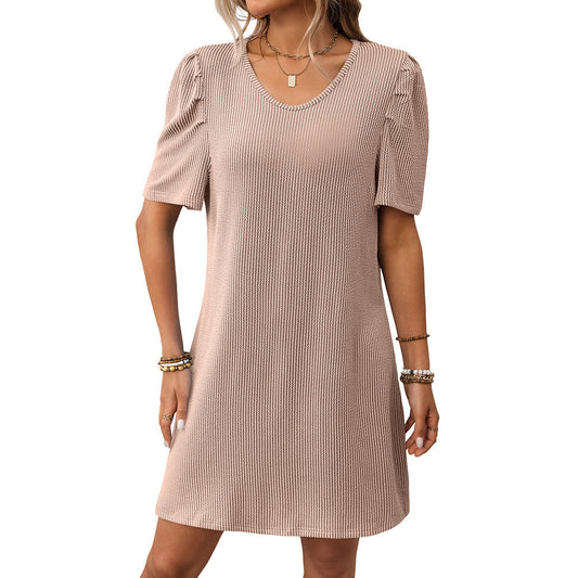 Summer Women Clothing Contrast Color Twist Strip Puff Sleeve Mid Length Dress