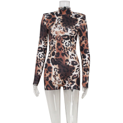 Body ajustado con estampado de leopardo sexy y hombros acolchados de manga larga para mujer
