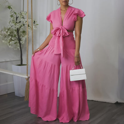 Women Short Sleeve Tied Top Wide Leg Pants Two Piece Set