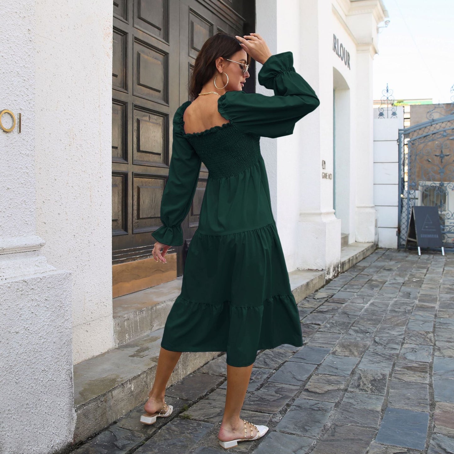 Vestido fruncido con cuello cuadrado y volantes, mangas acampanadas, capas, vestido amplio con vuelo para mujer, ropa para mujer