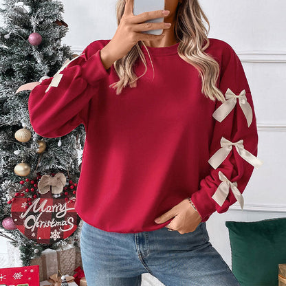 Sudadera navideña roja con lazo y cuello redondo para mujer, otoño e invierno