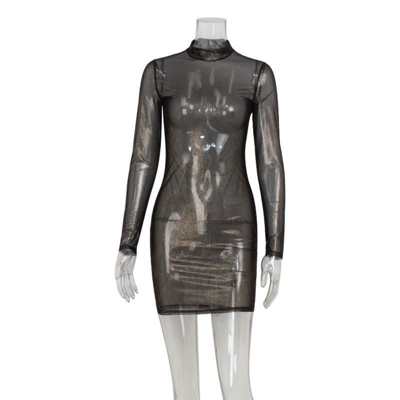 Vestido ajustado de malla sexy de manga larga para mujer, ajustado, color bronce, fino y brillante.