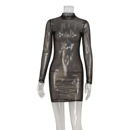 Vestido ajustado de malla sexy de manga larga para mujer, ajustado, color bronce, fino y brillante.