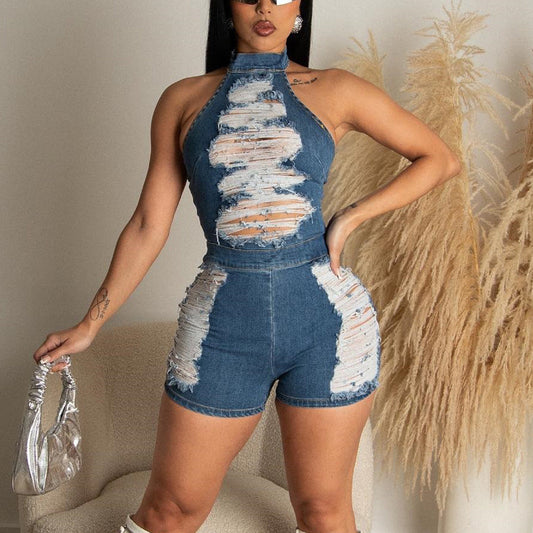Ropa de mujer Primavera Denim Halter Borla Vestido de mendigo Mono sexy