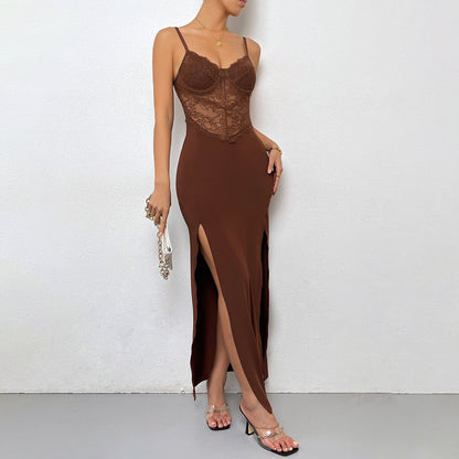Vestido de mujer con escote bajo, costuras sexys, cintura alta y tirantes divididos