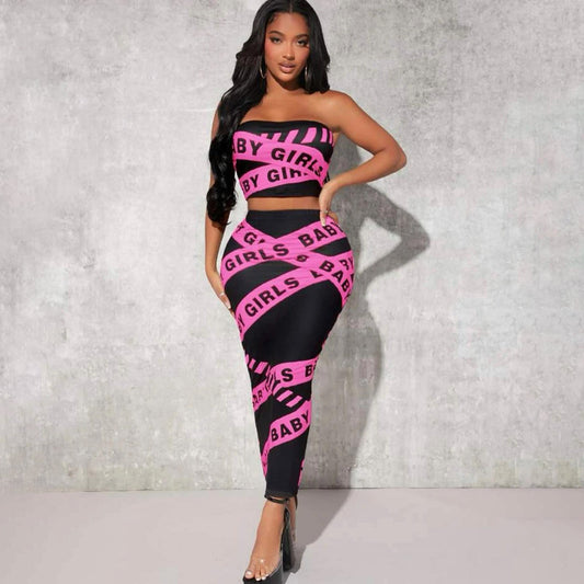 Conjunto de falda larga y top de tubo con estampado gráfico de letras sin mangas para mujer de primavera y verano