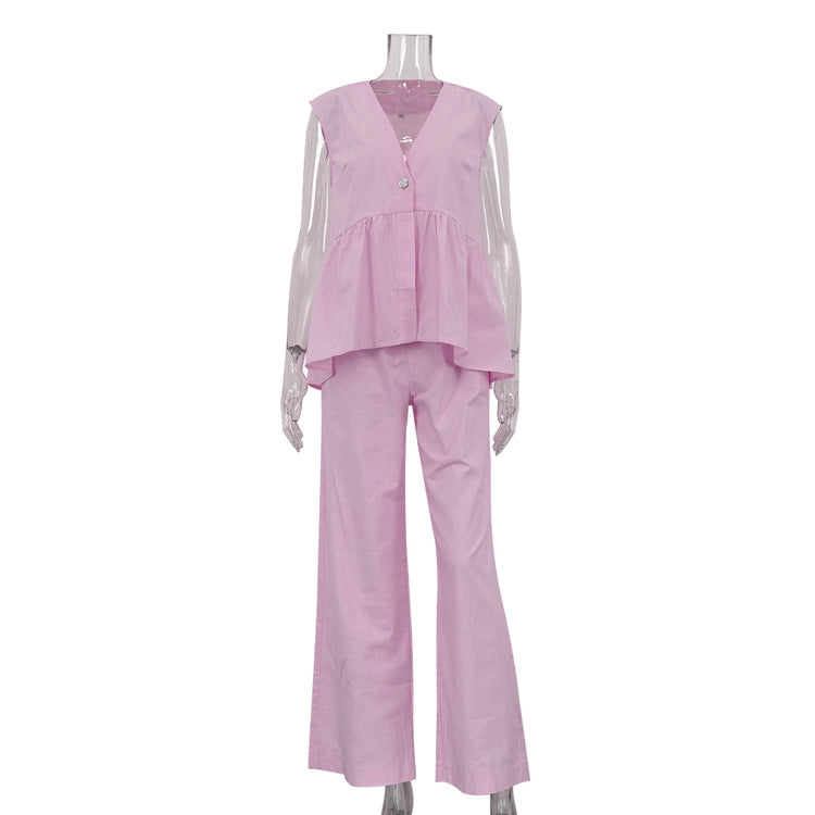 Conjunto de dos piezas de oficina de algodón con cuello en V sin mangas y pantalones para mujer de color liso