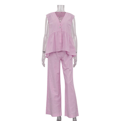 Conjunto de dos piezas de oficina de algodón con cuello en V sin mangas y pantalones para mujer de color liso