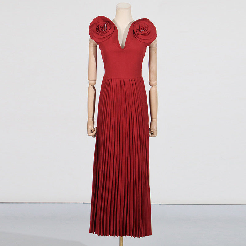 Vestido formal floral grande de alta sociedad 2025, sexy, con escote en V y cintura alta, plisado, para mujer