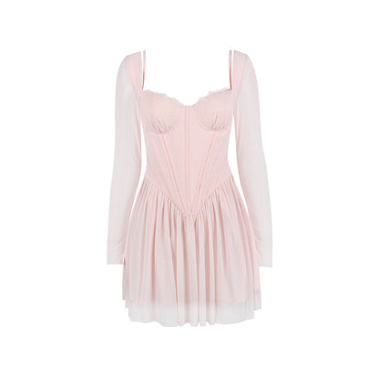 Ropa de mujer, malla, manga larga, encaje, costuras, corsé, vestido francés, Barbie Cos, rosa