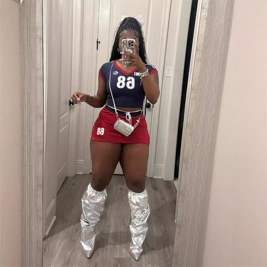 Summer Sweetheart Girl Elastic Sports V neck Color-Block Printed Short Top Skirt Outfit