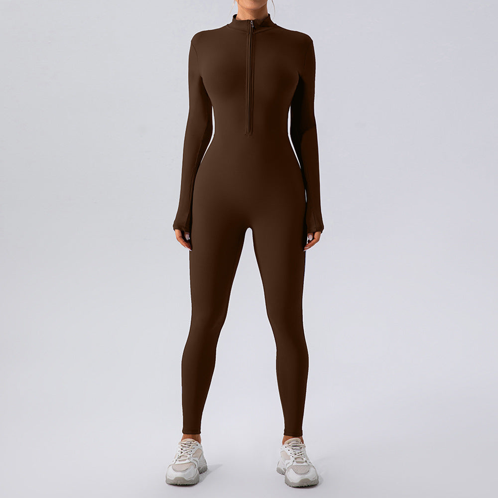 Mono de yoga de manga larga con cremallera y tacto nude para mujer, mono de una pieza para entrenamiento deportivo y fitness.