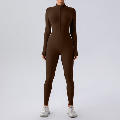Mono de yoga de manga larga con cremallera y tacto nude para mujer, mono de una pieza para entrenamiento deportivo y fitness.