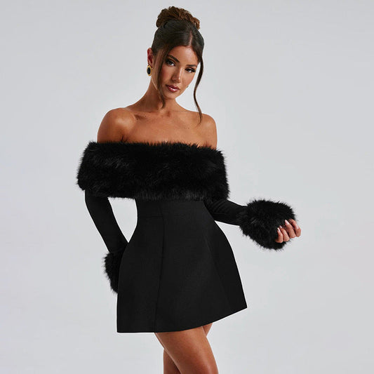 Vestido ajustado de corte A con cuello de piel y hombros descubiertos para mujer, ropa de otoño e invierno