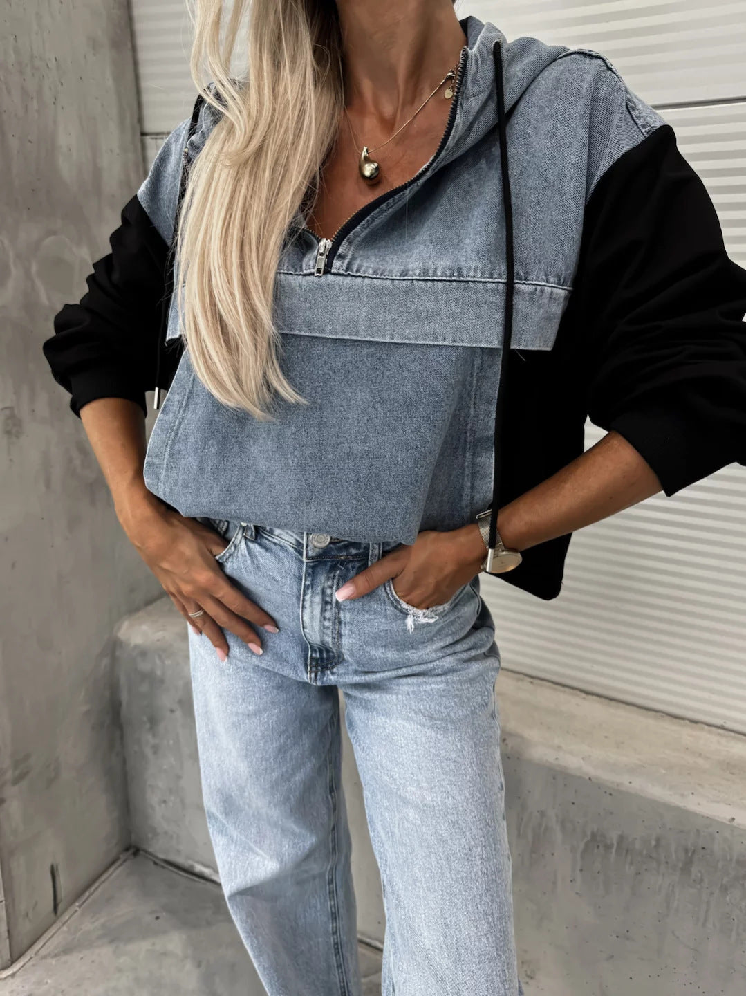 Sudadera con capucha para mujer, holgada, informal, con costuras vaqueras y lavado al agua, para otoño