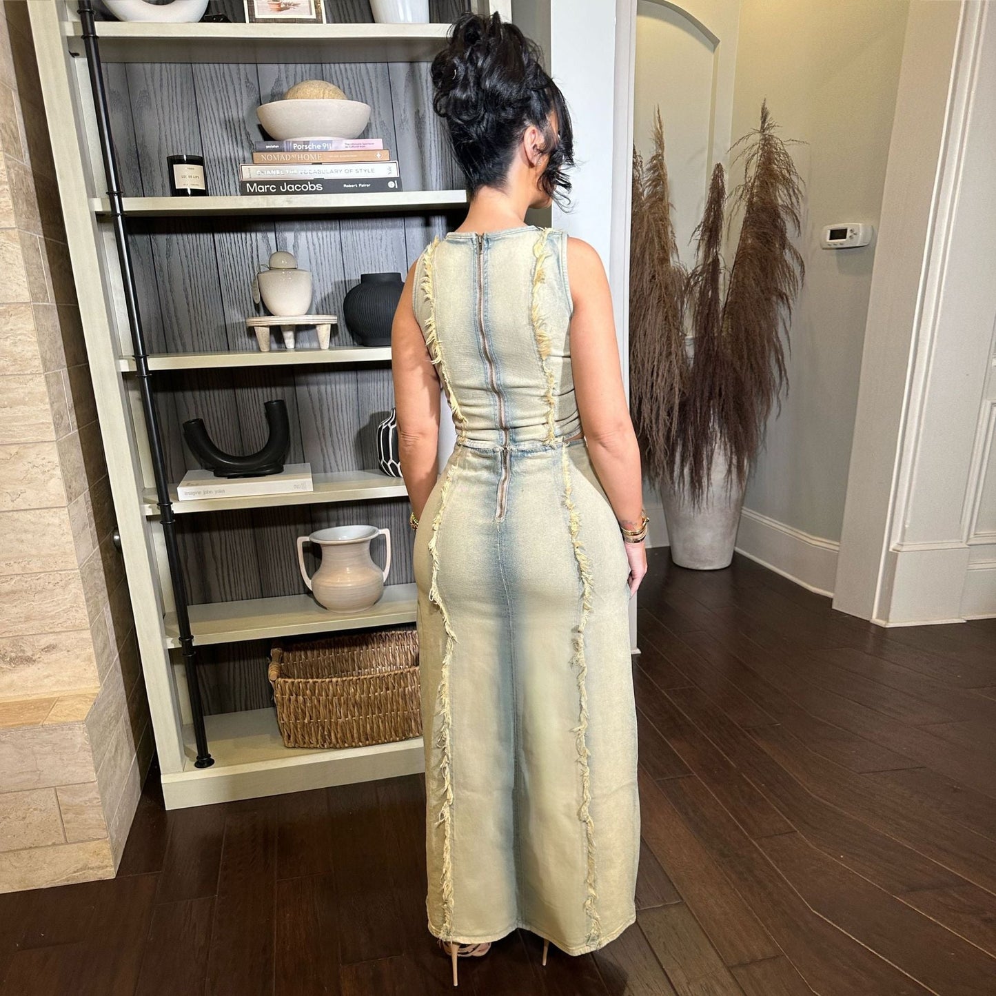 Traje de mezclilla para mujer, chaleco personalizado usado a mano, conjunto de falda de mezclilla con abertura alta