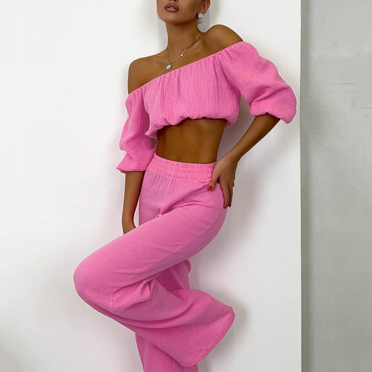Traje informal de dos piezas para mujer, de verano, de algodón puro, color sólido, con cuello halter, manga corta, cintura alta, pantalones anchos y pierna.