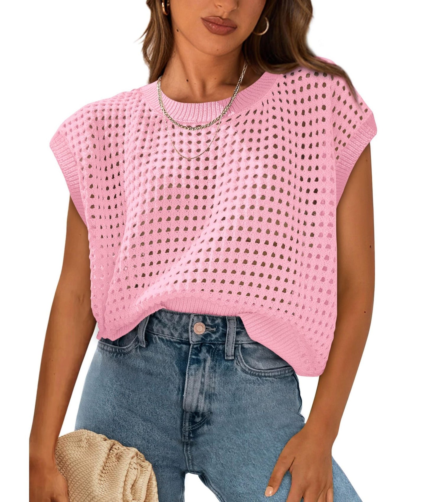 Ropa de verano para mujer, blusa de punto con cuello redondo, aberturas y protección solar