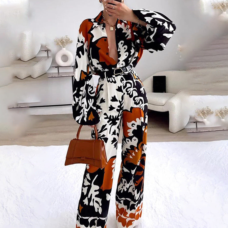 Conjunto informal de dos piezas con estampado bohemio y contraste de colores para mujer de otoño