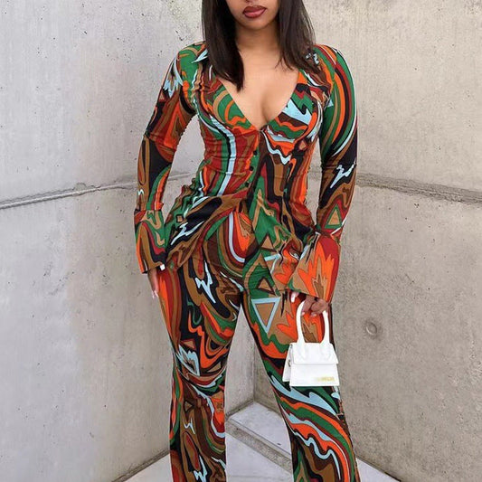 Traje de dos piezas con escote en V profundo para mujer, camisa con estampado sexy, pantalones de pierna ancha, informal