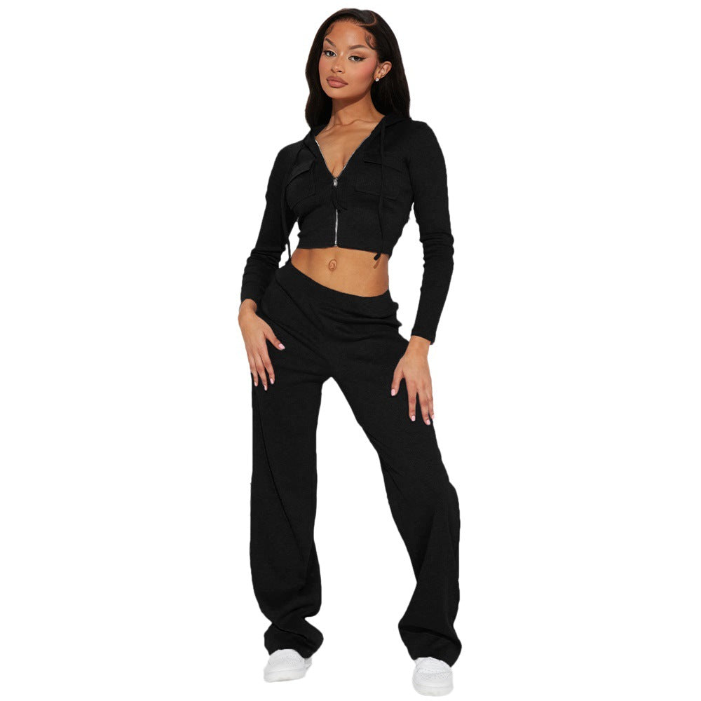Conjunto deportivo de dos piezas con capucha y pantalones holgados informales de punto
