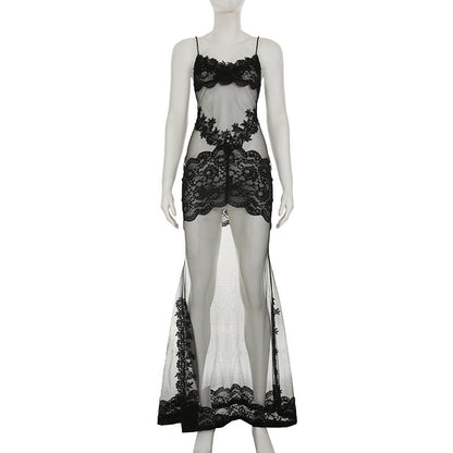 Summer Women Mesh Lace Lace Spaghetti Strap Dress See through Sexy Nightdress Vacation Maxi Dress