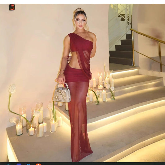 Conjunto de dos piezas formado por vestido y top corto con cuello en diagonal y sexy para mujer