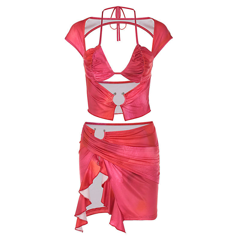 Women Clothing Summer Autumn Wrapped Chest Short Sleeve Lace up Irregular Asymmetric Skirt Set Two Piece Set