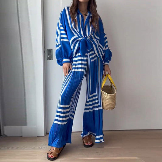 Conjunto de camisa de manga larga estampada para mujer, pantalones rectos plisados y de pierna ancha, primavera
