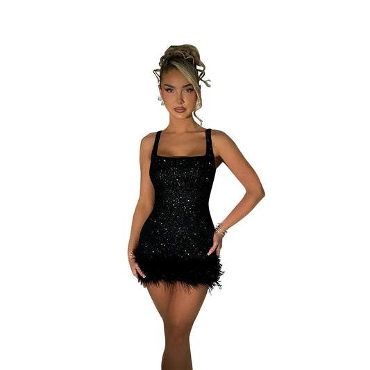 Women Wear Sequin Feather Sling Dress