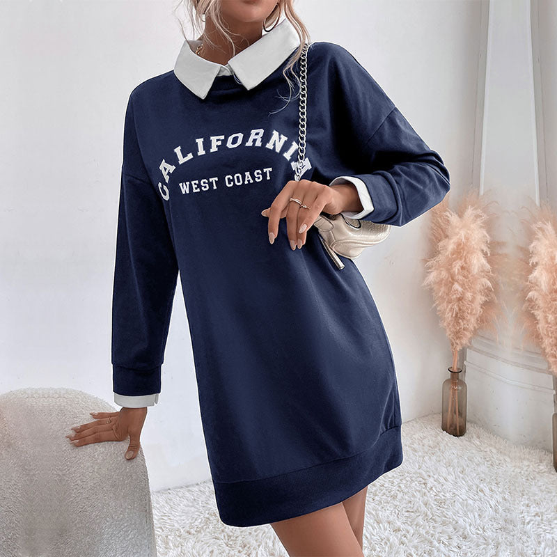 Vestido tipo suéter de manga larga con cuello y patchwork para mujer de otoño