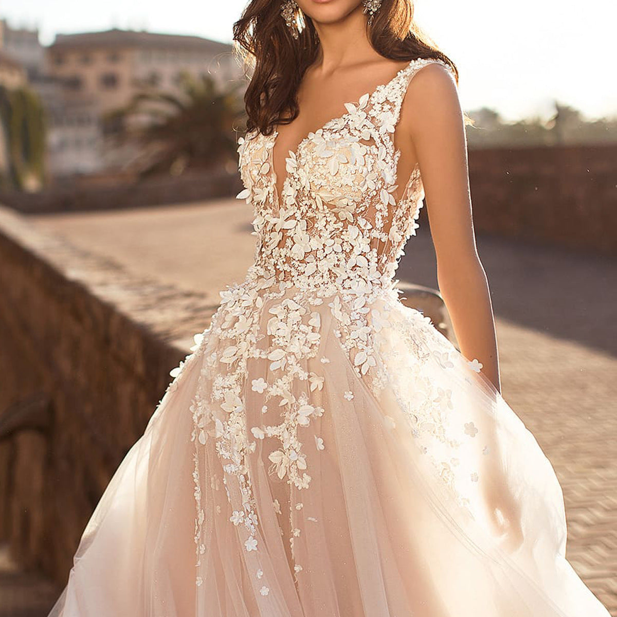 Vestido de verano para mujer, sexy, de encaje, sin mangas, escote en V profundo, vestido de boda bordado