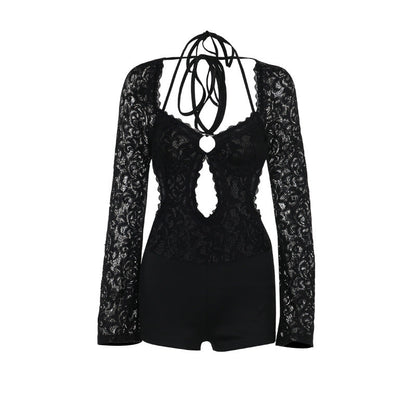 Mono de manga larga con encaje ajustado, elegante y sexy de otoño para mujer