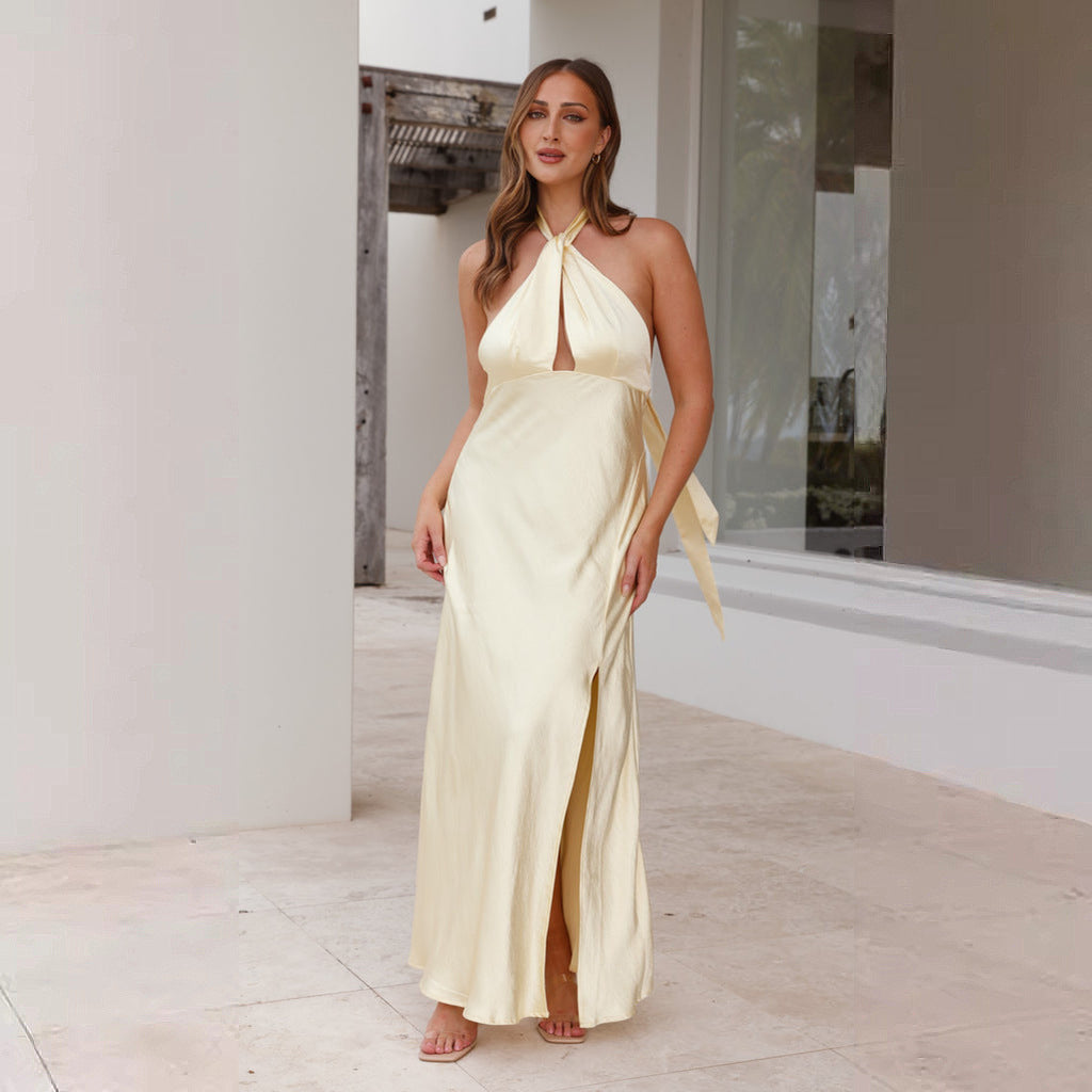 Vestido midi sexy de color liso con abertura y cuello halter para mujer